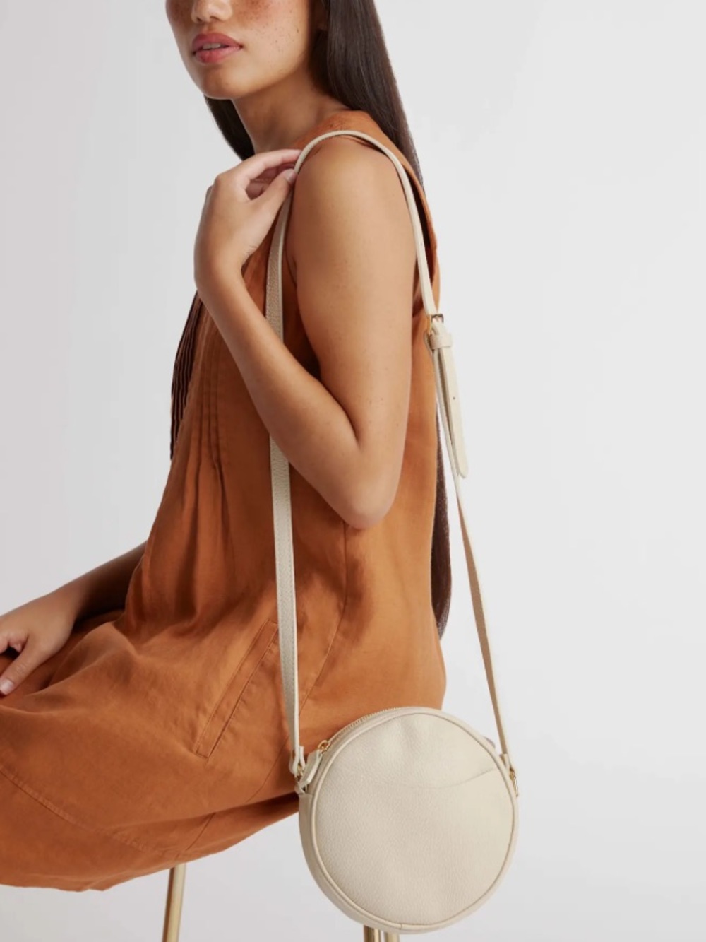 Quince Italian Leather Circle Crossbody Bag in stone color